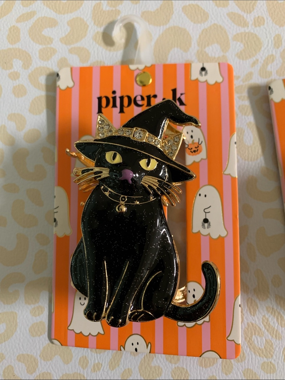Piper K Black Glitter Witch Cat Enamel Pin with Gold Accents